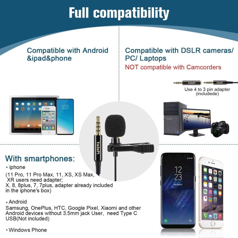 micro cravate pour téléphone portable Android iOS Microphone USB