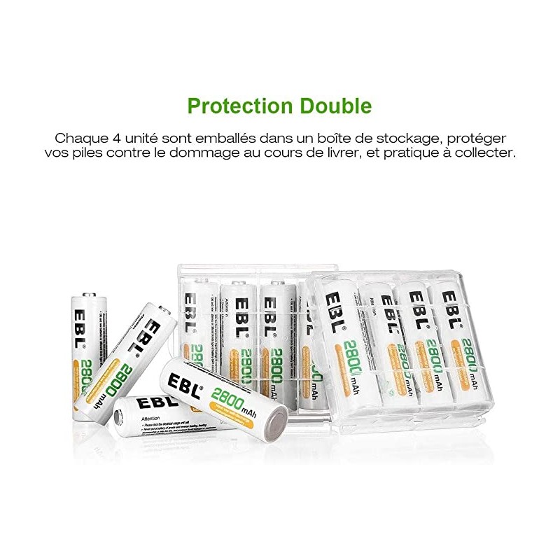 EBL 8PCS AA Piles Rechargeables Ni-MH 2800mAh Plus Haute Capacité