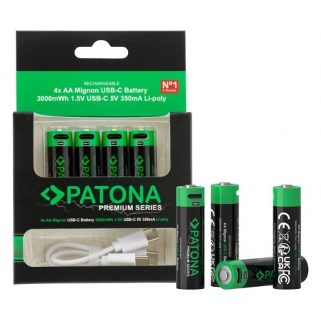 LOT DE 4 PILES PATONA RECHARGEABLE 3000MWH 1.5V USB-C