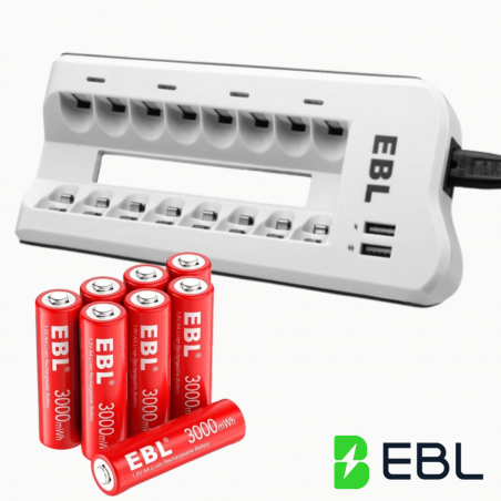 Pack chargeur EBL et 8 Piles rechargeables AA 3000mAh
